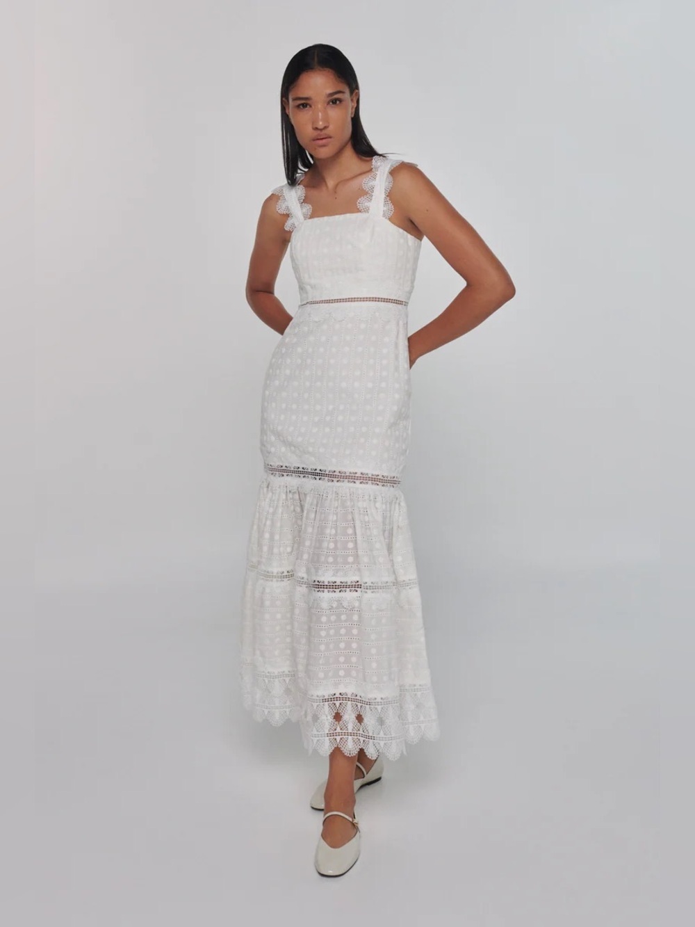 Waimari White Lace-Trimmed Broderie Ibiza Cotton-Poplin Midi Dress Large
